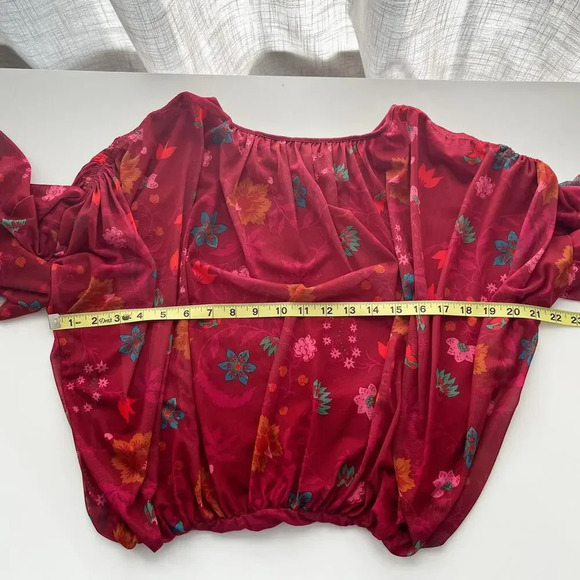 Free People Wildflower Honey Floral Flounce Top XS Red Berry Sheer Mesh - Picture 9 of 11